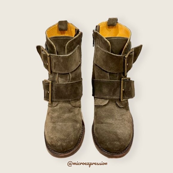 $399 Frye Sabrina Double Buckle Academia Green Suede Leather Moto Ankle Booties - Picture 10 of 15